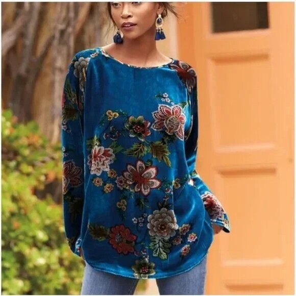 Johnny Was Tops - Johnny Was Karmen Velvet Tunic Top Size L Womens Blue Floral Rayon Silk $258